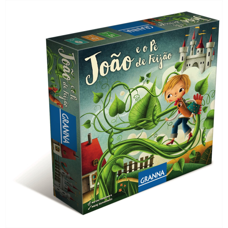 Caixa do jogo João e o Pé de Feijão da Granna com ilustração colorida de menino no pé de feijão