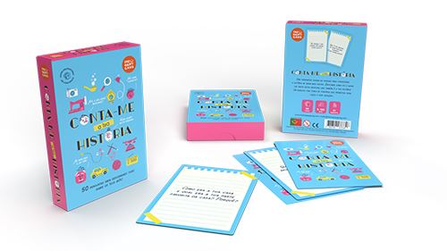 Jogo de cartas CONTA-ME UMA HISTÓRIA com caixa azul e rosa e cartas ilustradas