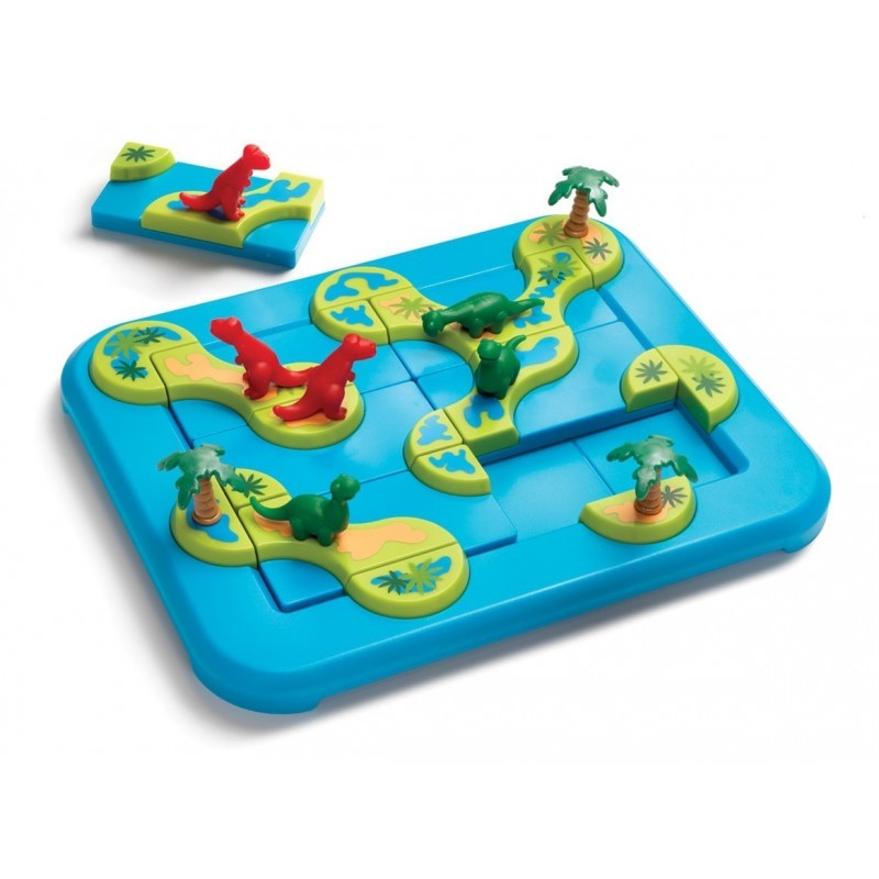 Jogo de tabuleiro infantil com peças de ilhas e dinossauros coloridos