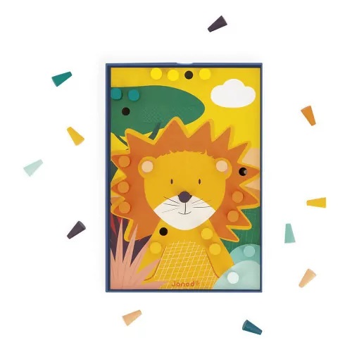 Quadro infantil de leão amarelo e laranja com moldura azul