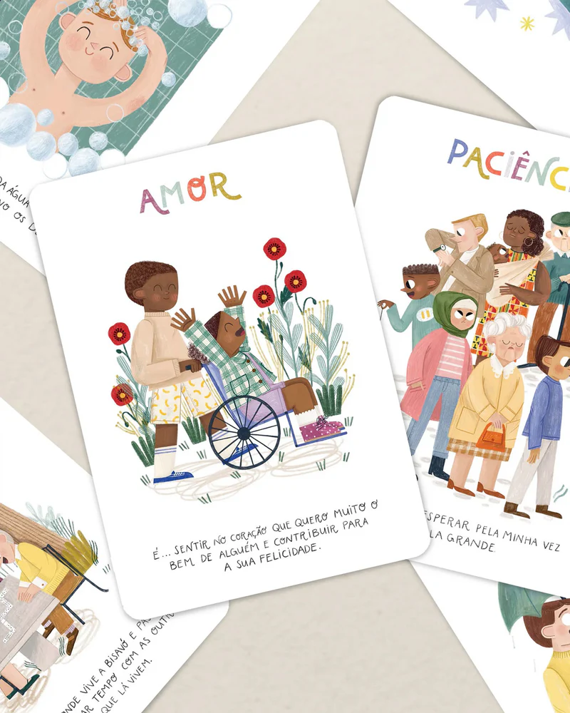 Cartões ilustrados com temas AMOR e PACIÊNCIA com personagens e texto em português