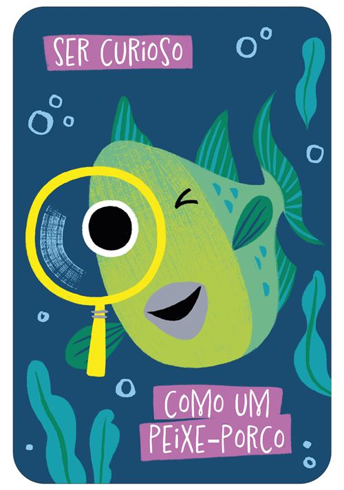 Desenho colorido de peixe verde com lupa e texto em português