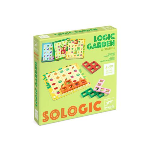 Caixa amarela do jogo de lógica SOLLOGIC Logic Garden com peças de várias cores e tabuleiro com imagens de frutas