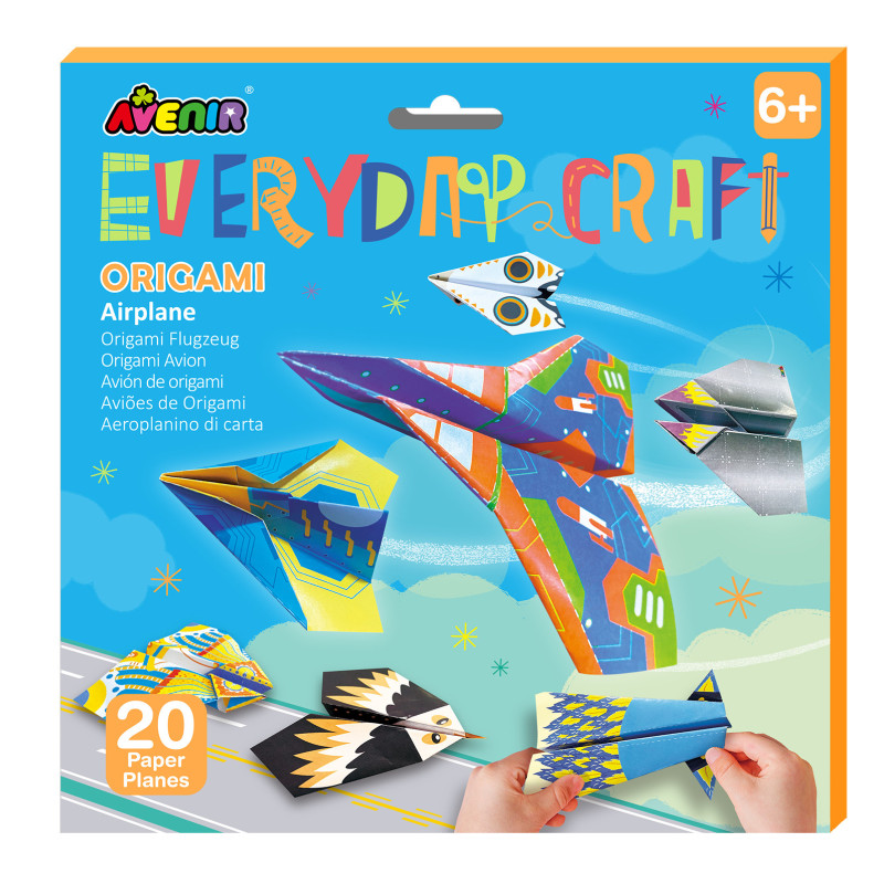 Conjunto de origami de aviões de papel coloridos em embalagem azul