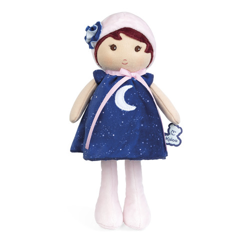 Boneca de pelúcia com vestido azul estrelado e chapéu rosa