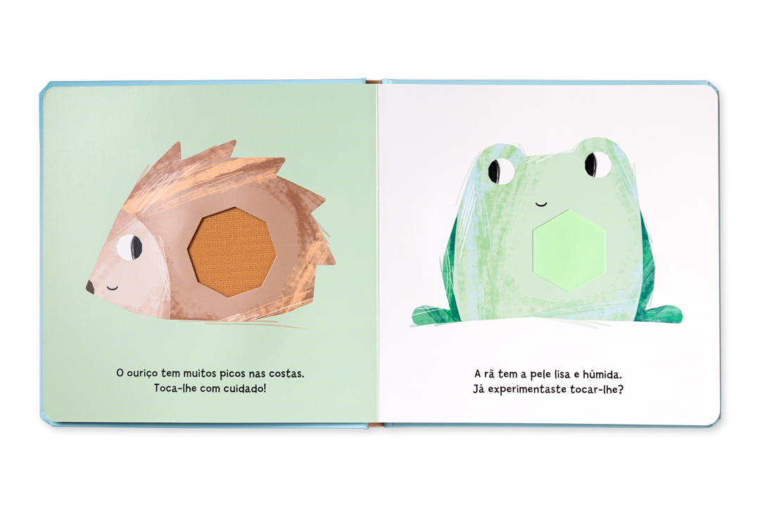 Livro infantil aberto com ilustrações de um ouriço e uma rã e texto em português