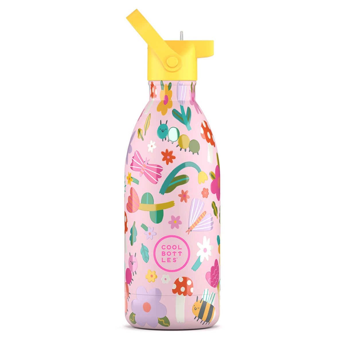 Garrafa de água rosa decorada com flores e insetos e tampa amarela