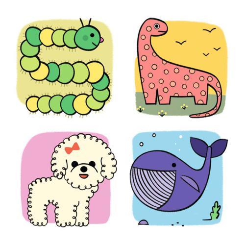 Desenhos cartoon de lagarta, dinossauro, cão e baleia em quadrados coloridos