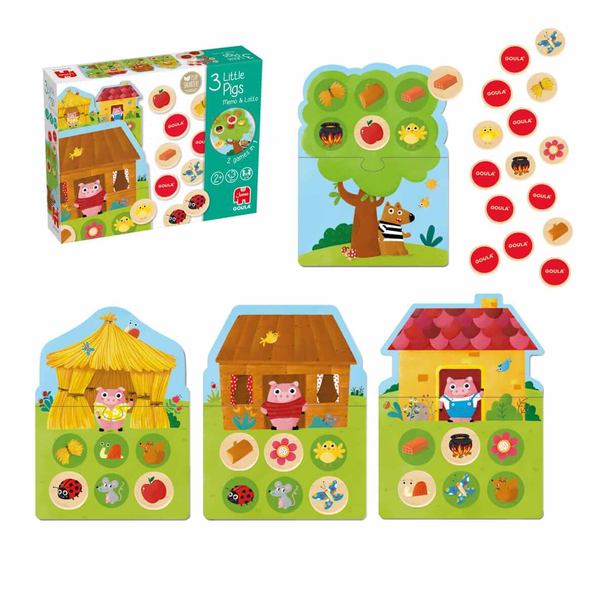 Jogo infantil 3 Little Pigs com peças ilustradas e três casas coloridas.