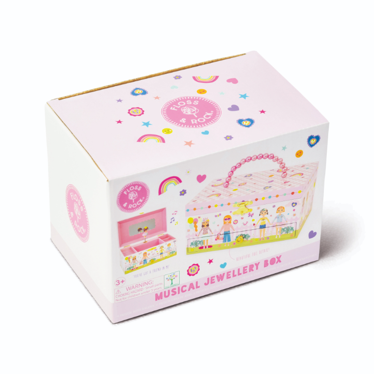 Caixa musical para joias com padrão colorido e embalagem rosa e branca.