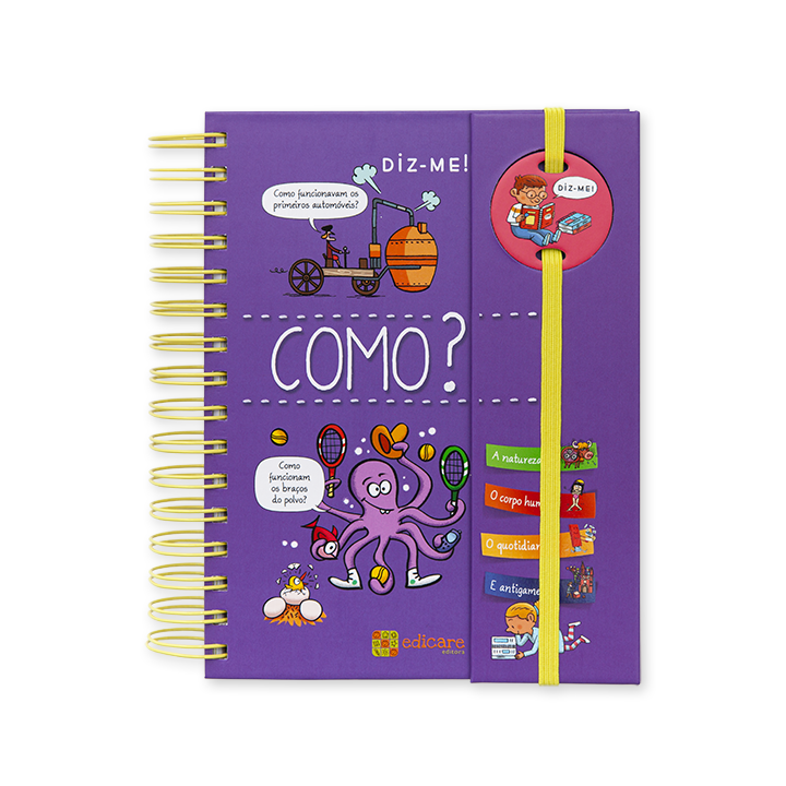 Caderno roxo com ilustrações e texto em português, elástico amarelo e espiral dourada.