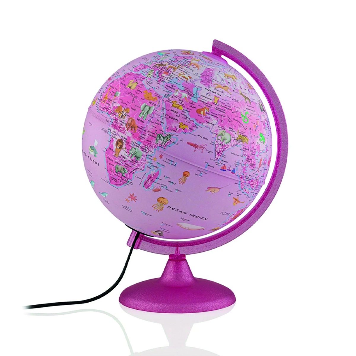 Globo terrestre decorativo rosa com animais e texto em francês