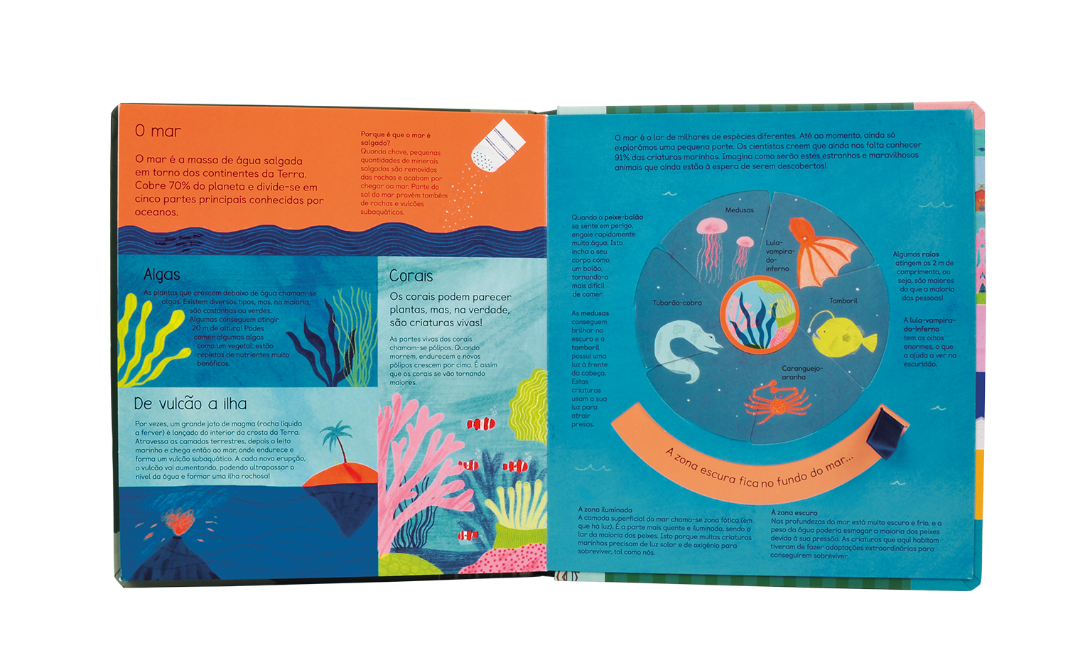 Páginas coloridas de livro infantil sobre o mar com texto e ilustrações de animais marinhos