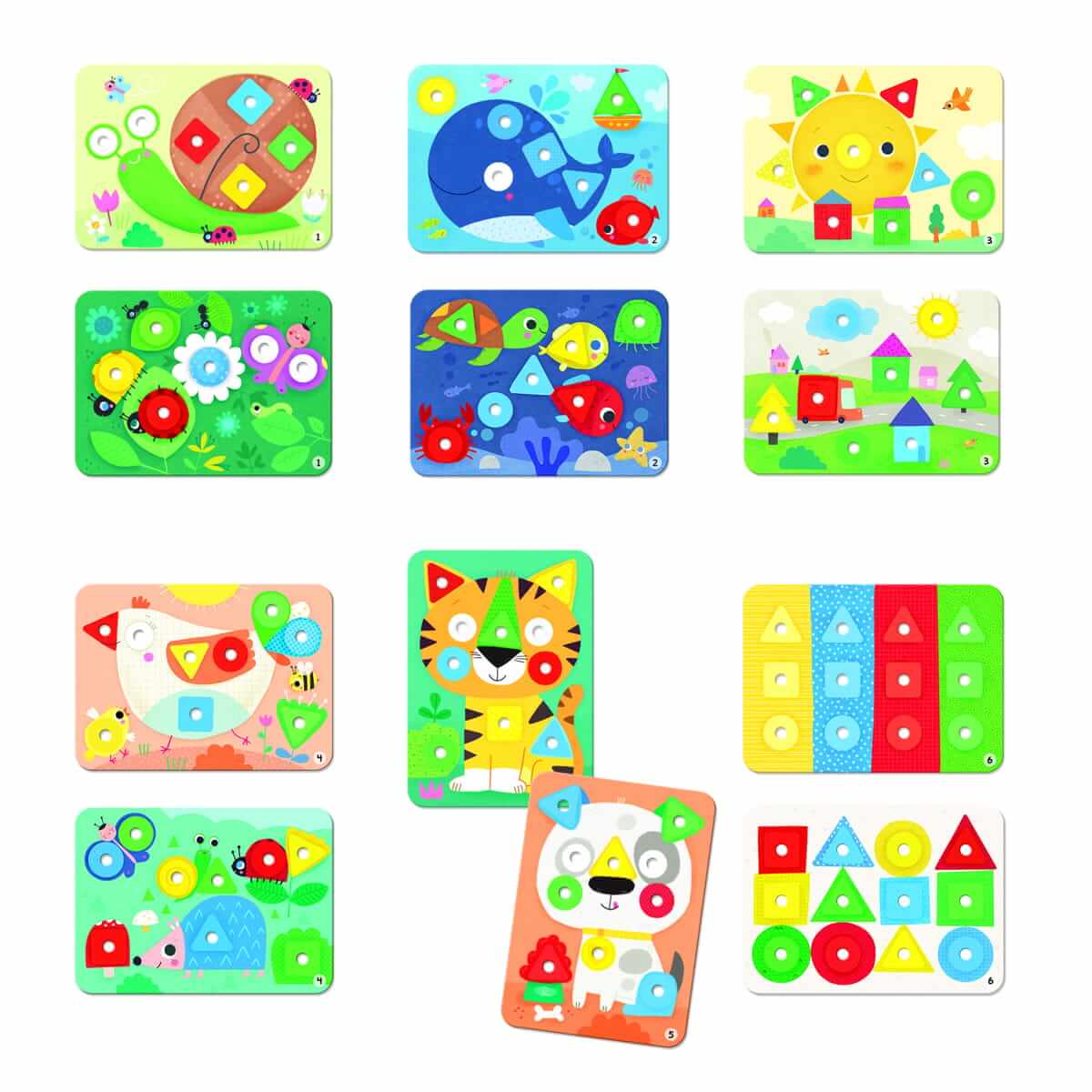 Doze puzzles de madeira coloridos com animais, sol, flores e formas geométricas