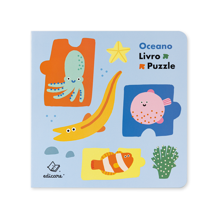 Livro puzzle de crianças com figuras de animais marinhos coloridos e texto Oceano Livro Puzzle