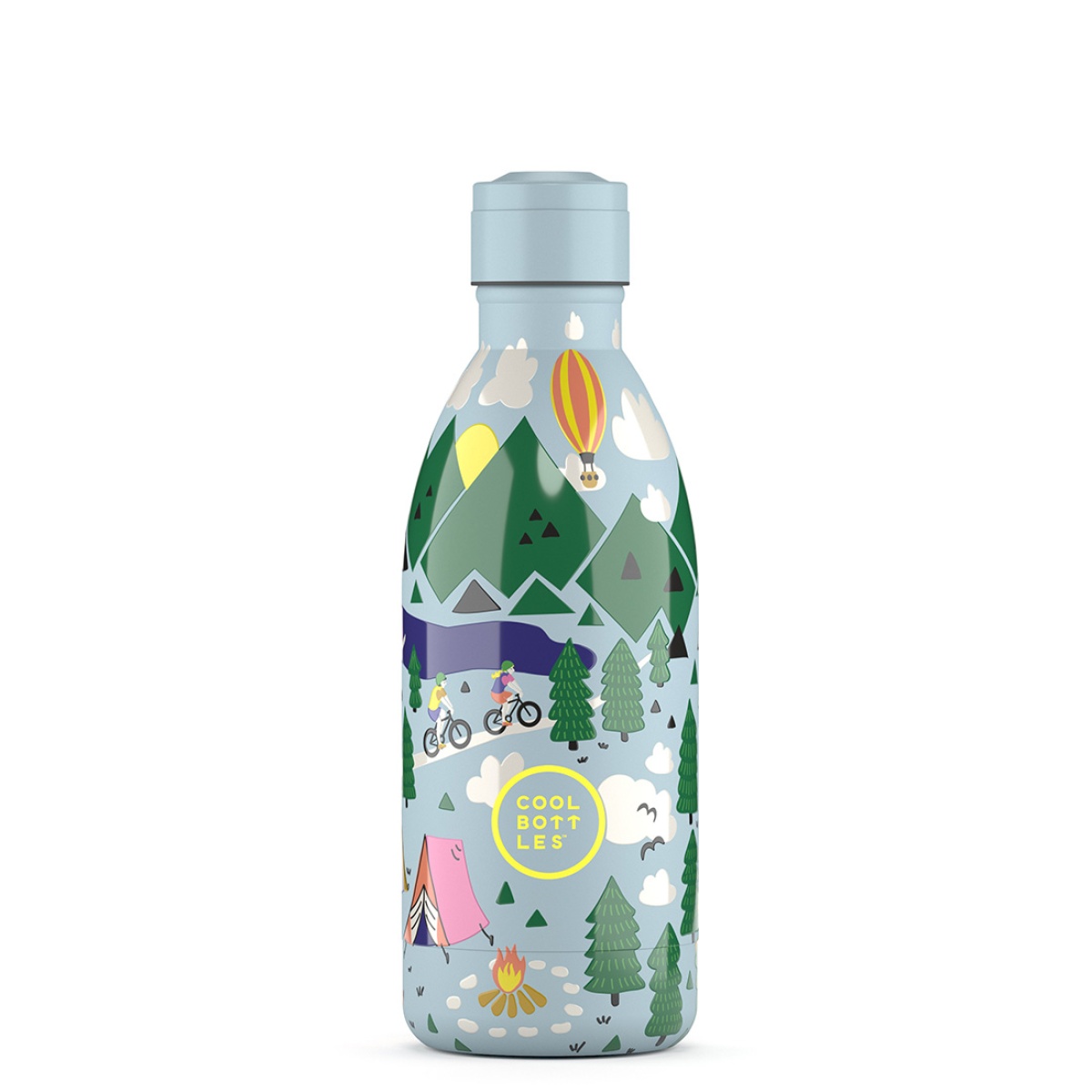 Garrafa térmica azul claro com ilustrações de natureza e texto COOL BOTTLES