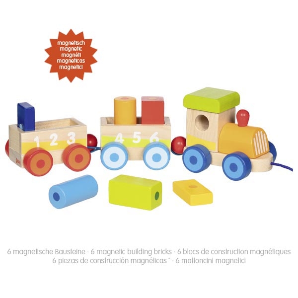 Comboio de madeira com peças magnéticas coloridas