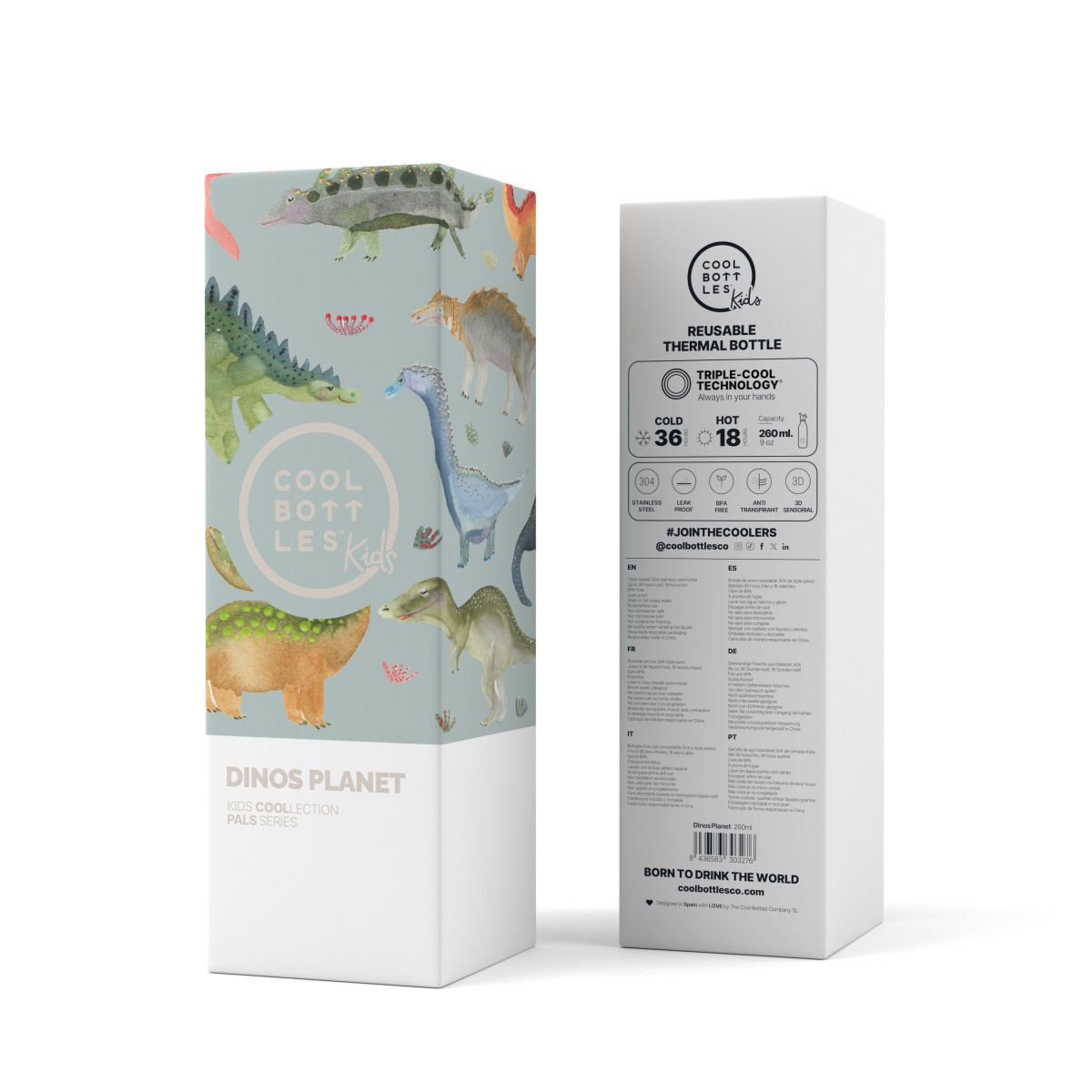 Embalagem de Cool Bottles com tema dinossauros e informações do produto térmico