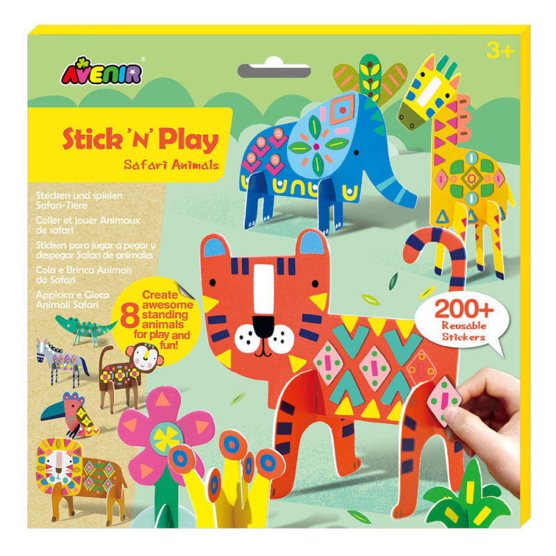 Caixa do brinquedo Stick N Play Safari Animals com 8 animais coloridos e autocolantes