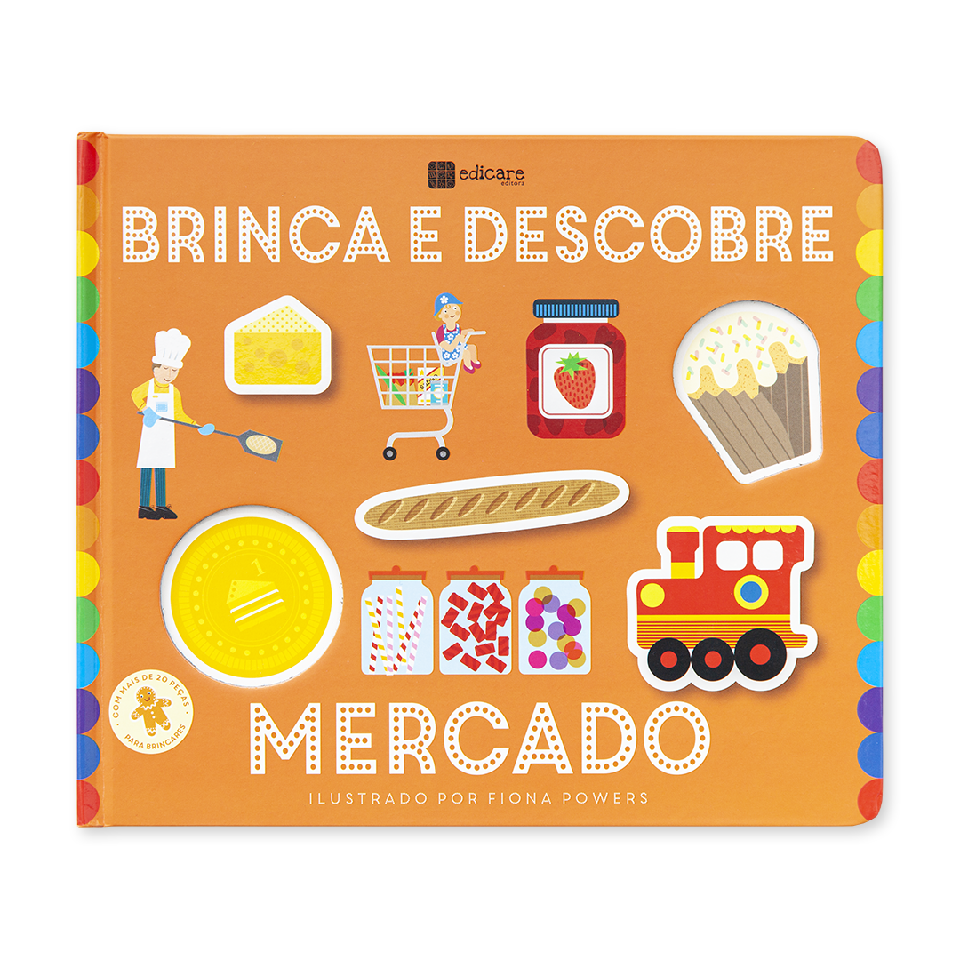 Capa de livro infantil laranja com várias ilustrações relacionadas com mercado