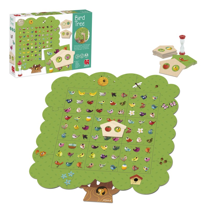 Jogo de tabuleiro Bird Tree com tabuleiro em forma de árvore verde e peças ilustradas