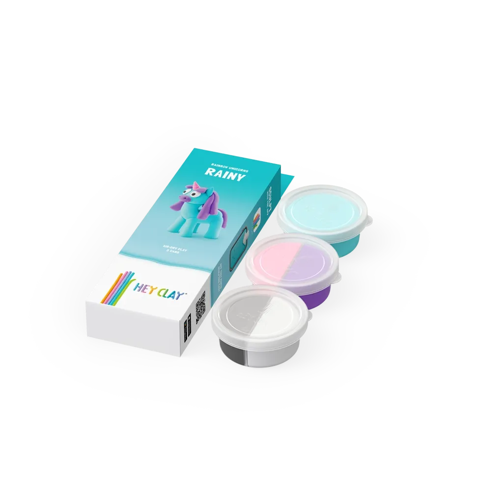 Conjunto de modelagem com massa colorida em potes e caixa com imagem de unicórnio