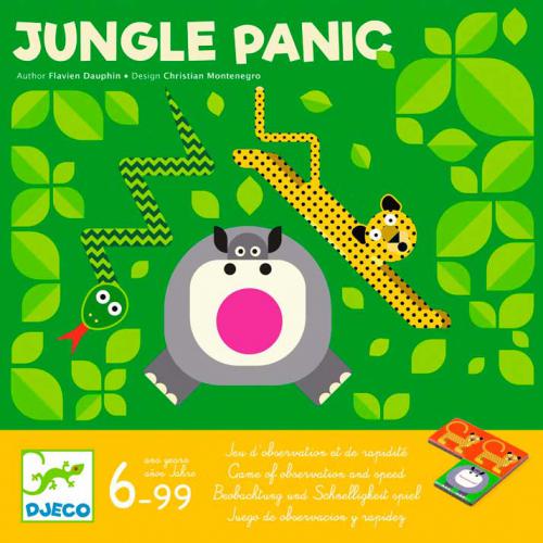 Embalagem verde do jogo Jungle Panic com desenhos de animais geométricos e folhas