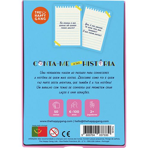 Embalagem do jogo de cartas Conta-me a tua história da The Happy Gang, azul com texto explicativo e informações do jogo.
