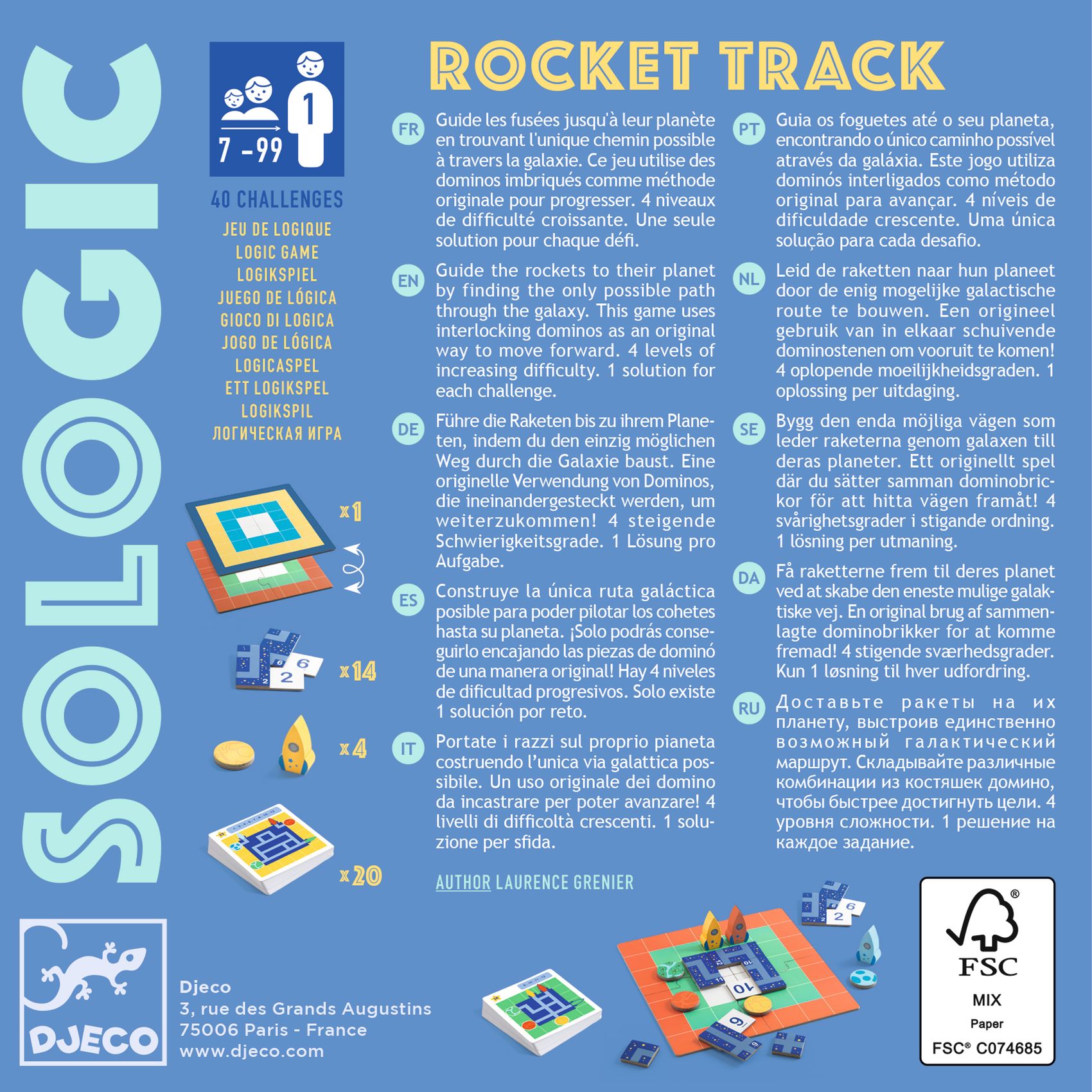 Embalagem azul de jogo ROCKET TRACK com descrições multilíngues e ilustrações de dominós, tabuleiros e naves espaciais pequenas.