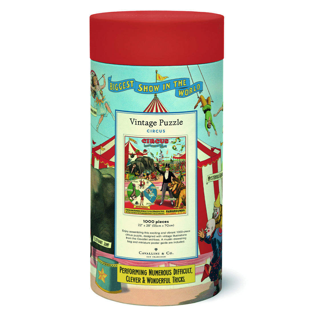 Embalagem cilíndrica vermelha com puzzle vintage de circo 1000 peças