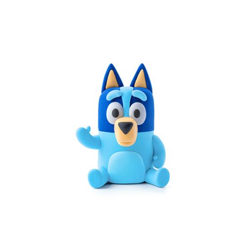 Boneco de peluche azul em formato de cão sentado com uma pata levantada