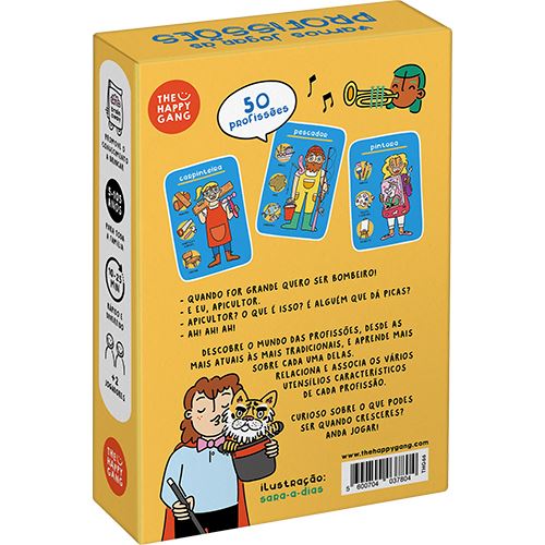 Embalagem amarela do jogo THE HAPPY GANG sobre profissões com ilustrações coloridas