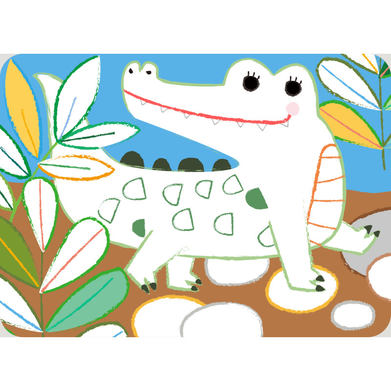 Desenho de crocodilo branco com manchas verdes entre plantas e pedras coloridas.