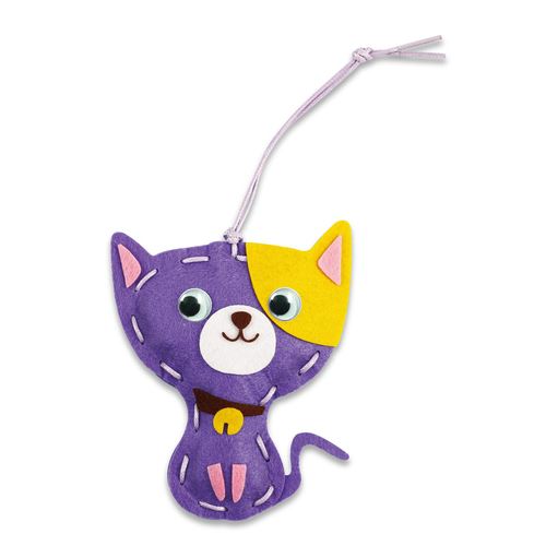 Chaveiro de feltro em forma de gato roxo e amarelo com olhos móveis.