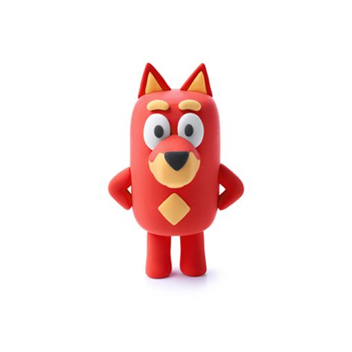 Figura de brinquedo vermelha com olhos grandes e formas arredondadas