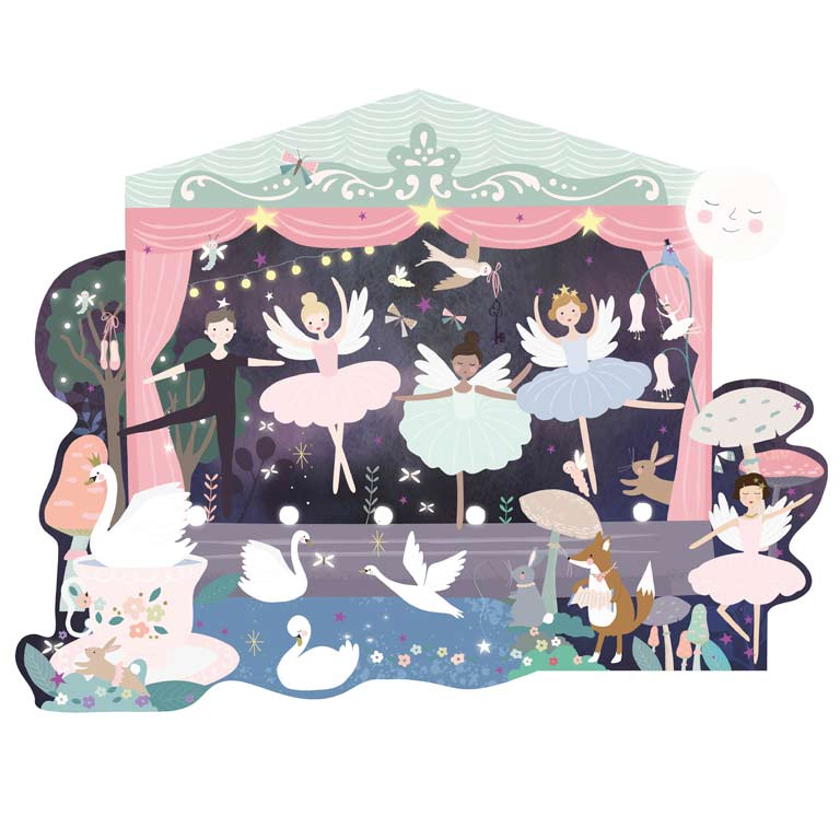 Ilustração de palco com bailarinas e cisnes