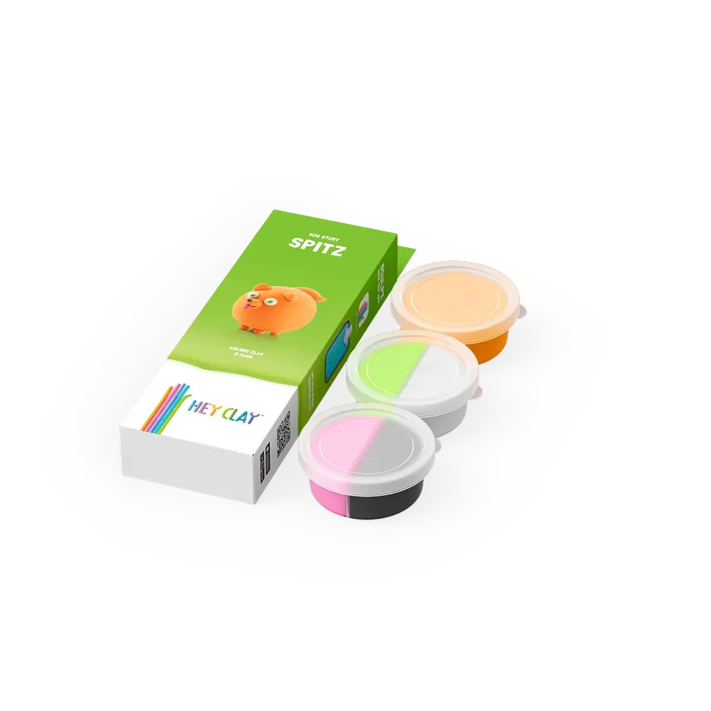 Caixa de massinha Hey Clay com três frascos transparentes contendo massinha colorida