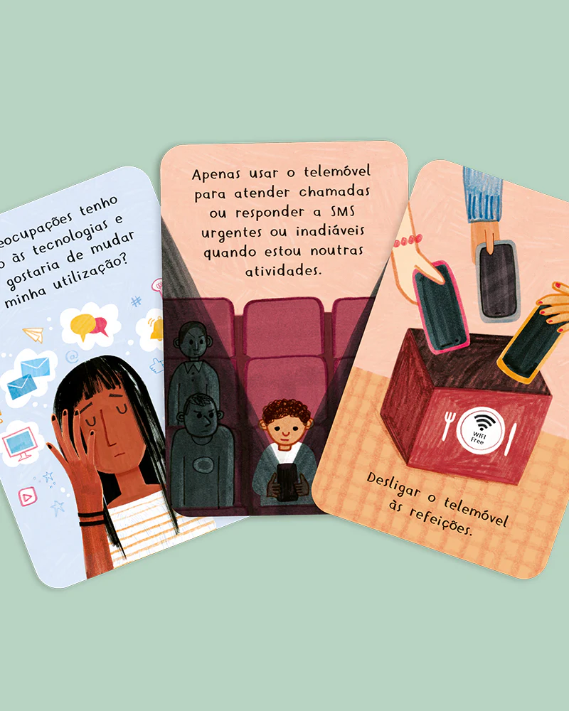 Três cartas ilustradas com texto em português sobre o uso do telemóvel.