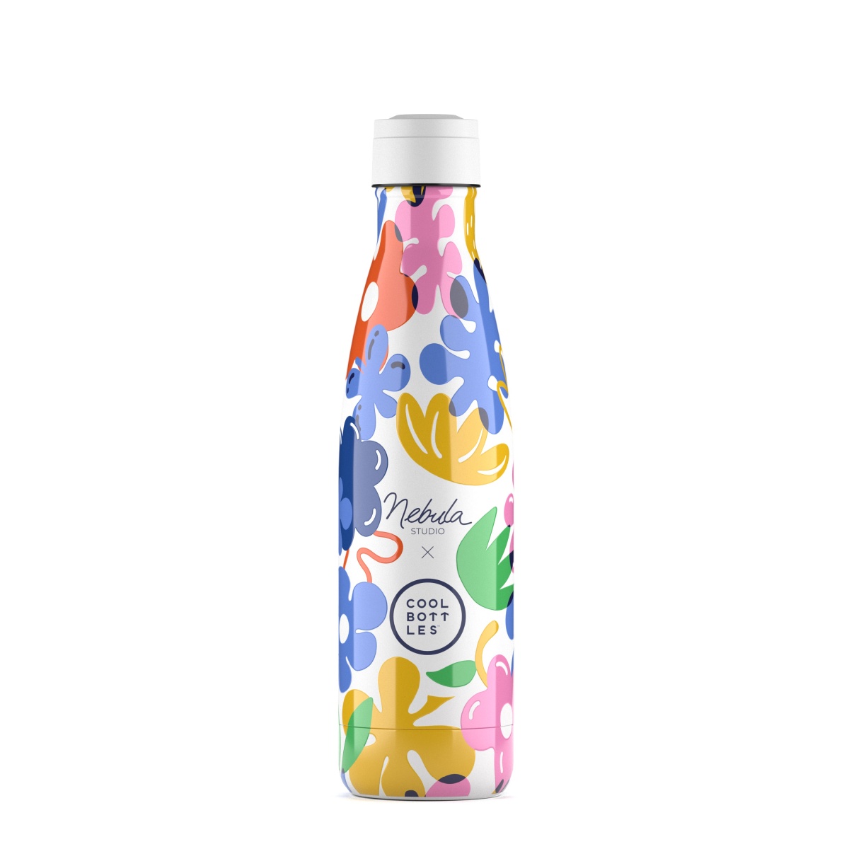 Garrafa térmica colorida com padrão floral e tampa branca