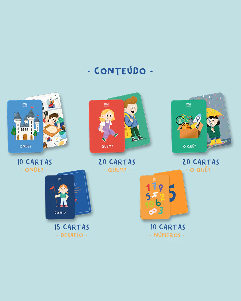 Cartas ilustradas de vários temas em português sobre fundo azul claro.