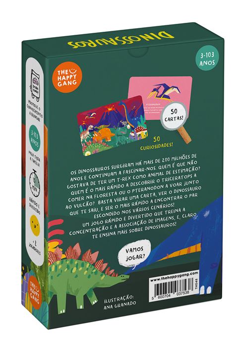 Embalagem de jogo de cartas DINOSSAUROS com ilustrações de dinossauros e texto descritivo em português.