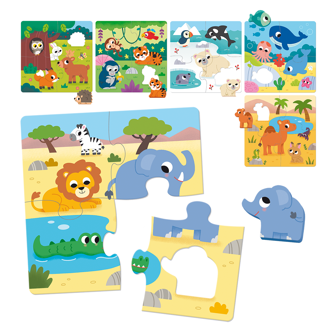 Peças de puzzle coloridas com desenhos de animais selvagens e aquáticos para crianças.