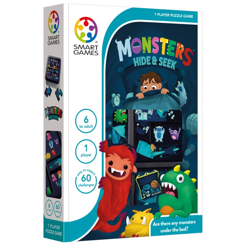 Embalagem de jogo MONSTERS HIDE & SEEK com ilustrações de monstros coloridos e menino na cama