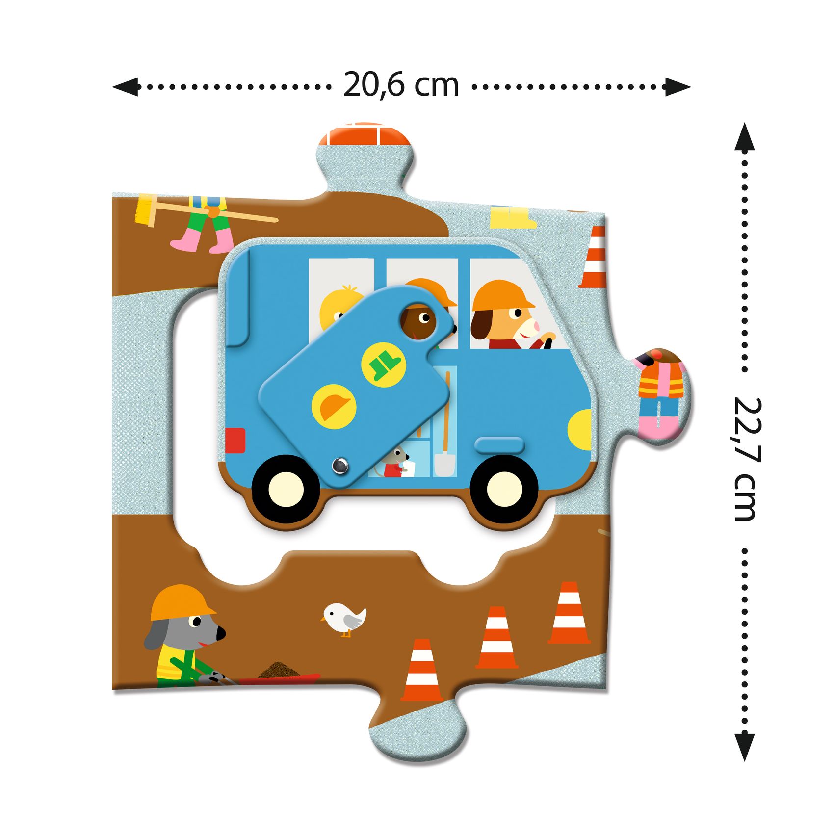 Peça de puzzle em forma de carrinha azul com personagens animais e fundo castanho e azul claro.