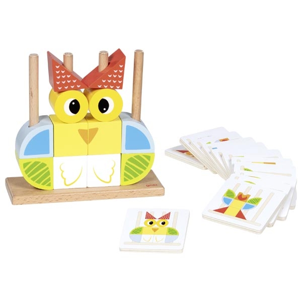 Jogo de madeira colorido para montar coruja com cartas ilustradas