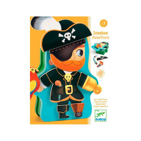 Caixa do jogo magnético Inzebox Aventura com pirata e papagaio em fundo amarelo