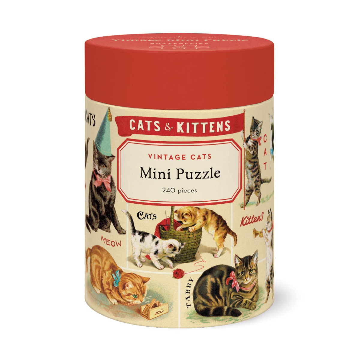 Pote com puzzle vintage de gatos com tampa vermelha