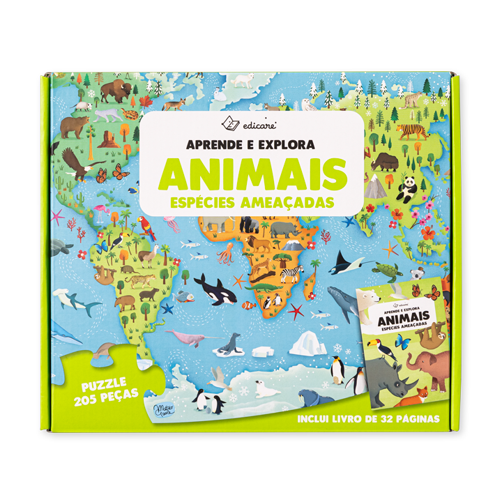 Caixa de puzzle com animais e texto educativo sobre espécies ameaçadas
