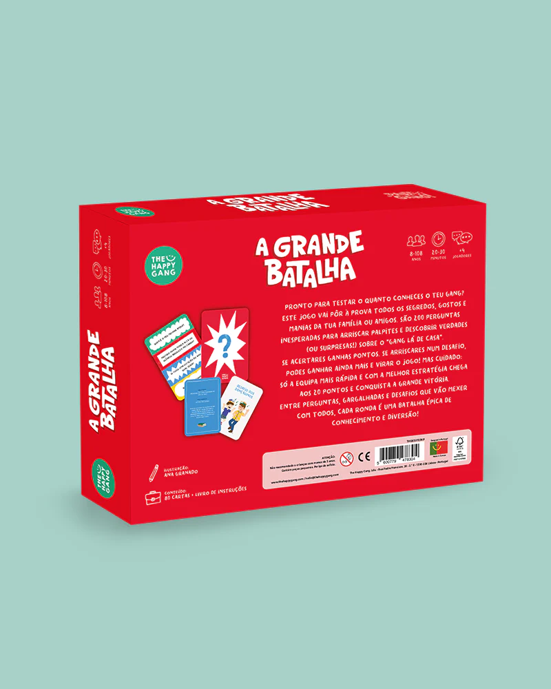 Embalagem vermelha do jogo de cartas A Grande Batalha com texto e ilustrações
