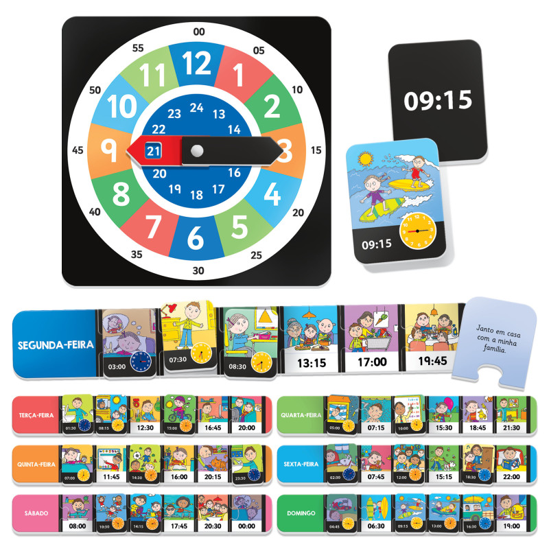 Jogo educativo de aprendizagem de horas com relógio, cartas e ficheiros dos dias da semana.